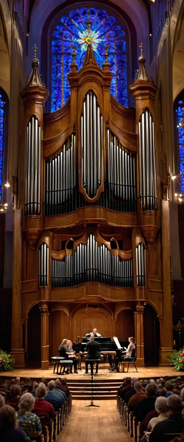 image:8K ultra-high resolution、The solemn and sacred atmosphere of the pipe organ concert ELP Live(masterpiece、Meticulous craftsmanship、Good handling of light、Splendor、Detailed background design、Powerful、The film falls) Emily Lee Pett(Emily Lynne Petter)In the scene of the pipe organ concert with piano,、 Church in Elizabethtown, Pennsylvania