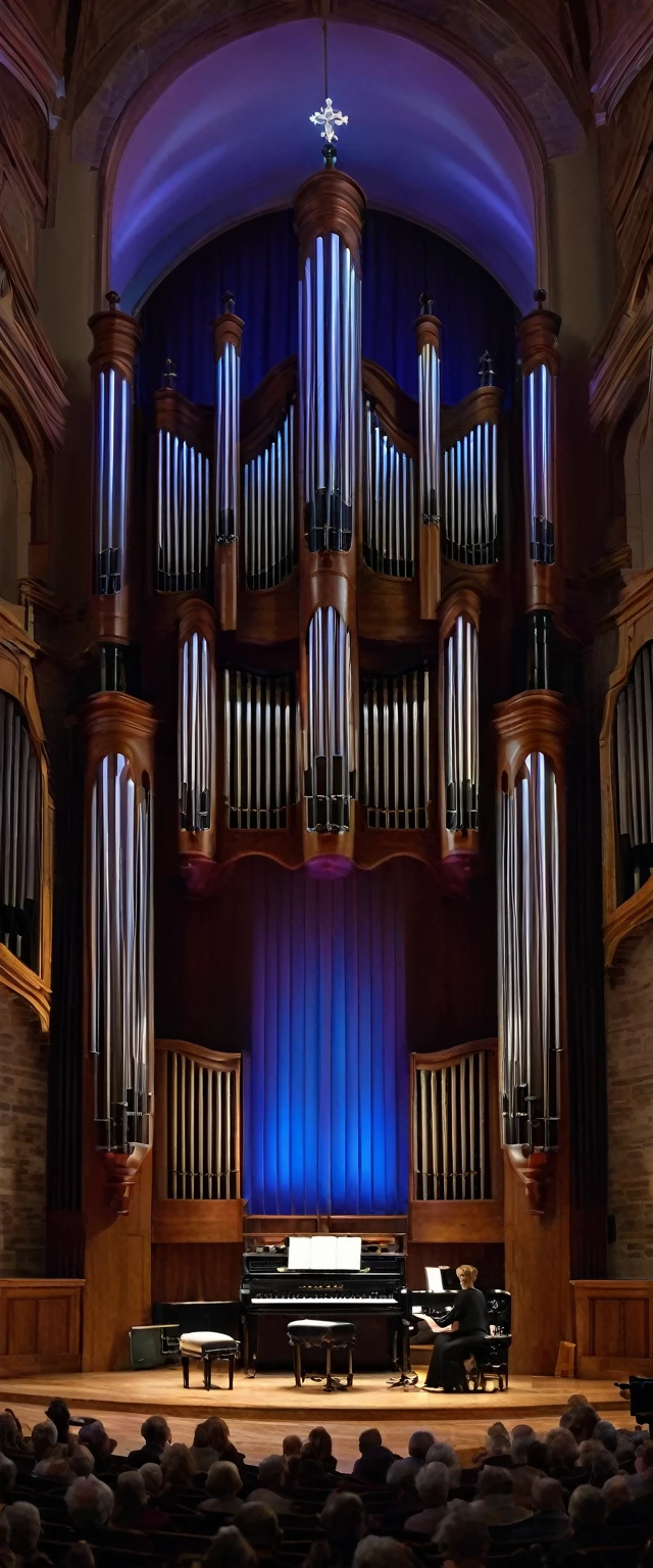 image:8K ultra-high resolution、The solemn and sacred atmosphere of the pipe organ concert ELP Live(masterpiece、Meticulous craftsmanship、Good handling of light、Splendor、Detailed background design、Powerful、The film falls) Emily Lee Pett(Emily Lynne Petter)In the scene of the pipe organ concert with piano,、 Church in Elizabethtown, Pennsylvania