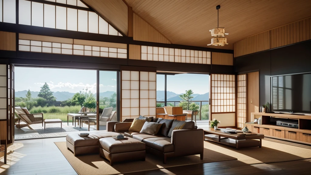 there is a living room with a couch and a table in it, ,Residential area, Luxurious surroundings, living room, archviz, modern living room, celestial beings, Japanese House, in house, Residential, Natural light. 8k ,Ultra-realistic, Ultra-realistic,, Video Ray,Refreshing
