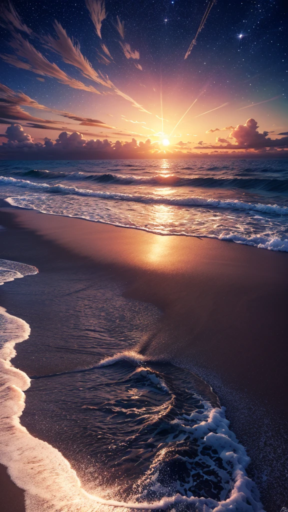Sunset Beach, Night Sky, Photo realistic, Beautiful sky, Beautiful sea, Detailed, high quality, masterpiece,