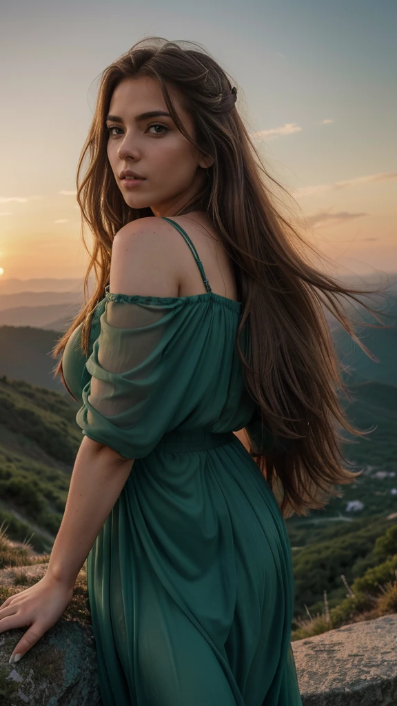 A young woman with bright brown disheveled hair, a figure similar to Scarlett Johansson, curvy and beautiful, with wonderful big eyes and plump lips, stands atop a mountain and gazes at the landscape, dressed in a long flowing dark green chiffon dress, backlit by a stunning sunset, (best quality,4k,8k,highres,masterpiece:1.2),ultra-detailed,(realistic,photorealistic,photo-realistic:1.37),detailed eyes,detailed lips,extremely detailed face,longeyelashes,beautiful woman,on a mountain top,sunset landscape,chiffon dress,flowing dress,curvy figure,brown hair