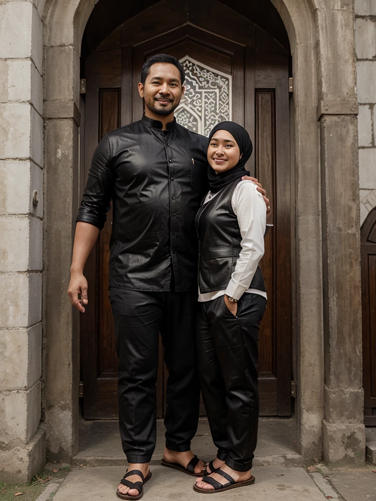 realistic, Indonesian male, 35 years old, exaggerated facial features, clean face, slightly chubby body, wearing black Muslim clothes, black pants above the knee, leather sandals, standing next to a very large cow, one hand holding the cow, background in front of a mosque, pleasant atmosphere, smiling expression.