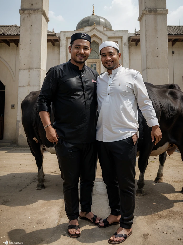 realistic, Indonesian male, 35 years old, exaggerated facial features, clean face, slightly chubby body, wearing black Muslim clothes, black pants above the knee, leather sandals, standing next to a very large cow, one hand holding the cow, background in front of a mosque, pleasant atmosphere, smiling expression.