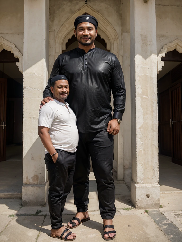 realistic, Indonesian male, 35 years old, exaggerated facial features, clean face, slightly chubby body, wearing black Muslim clothes, black pants above the knee, leather sandals, standing next to a very large cow, one hand holding the cow, background in front of a mosque, pleasant atmosphere, smiling expression.