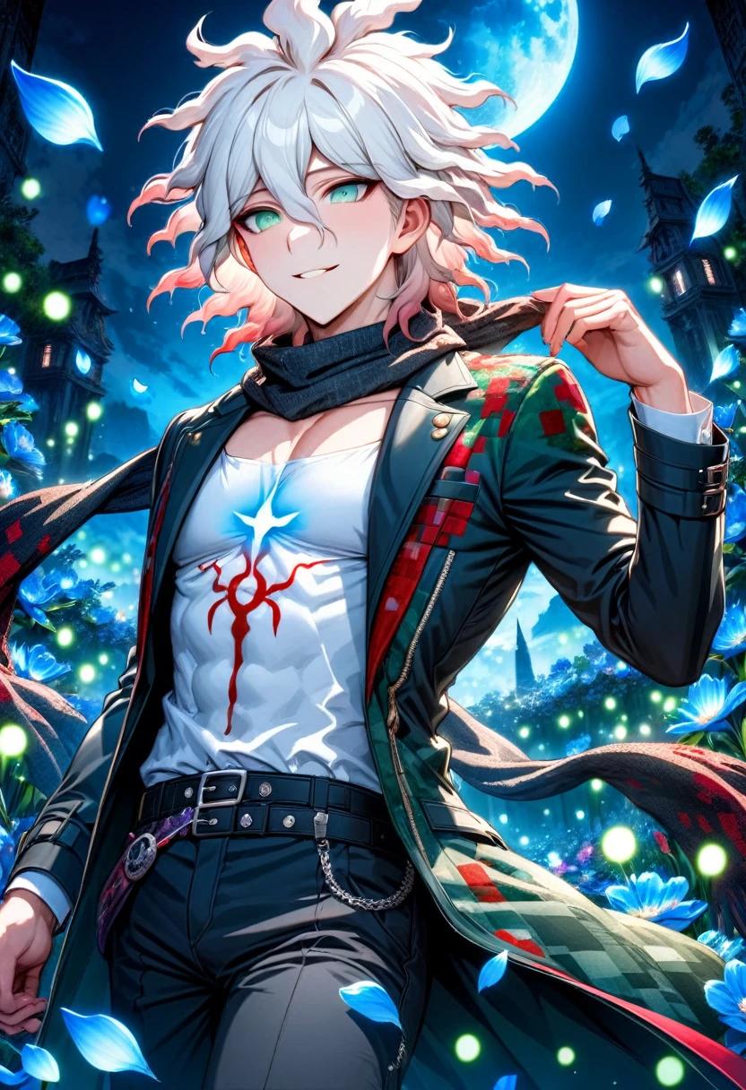 Ultra detailed, Highres, absurdres, HDR, Komaeda Nagito, white hair, expressive gray-green eyes, black scarf with red patterns, Danganronpa 2, fantasy, petals, handsome, sexy man, solo, very detailed eyes and face, master piece, blue flowers, shining blue fireflies, petals, magical, water, black long coat, black pants, white shirt, toned chest, blue moon, handsome smile