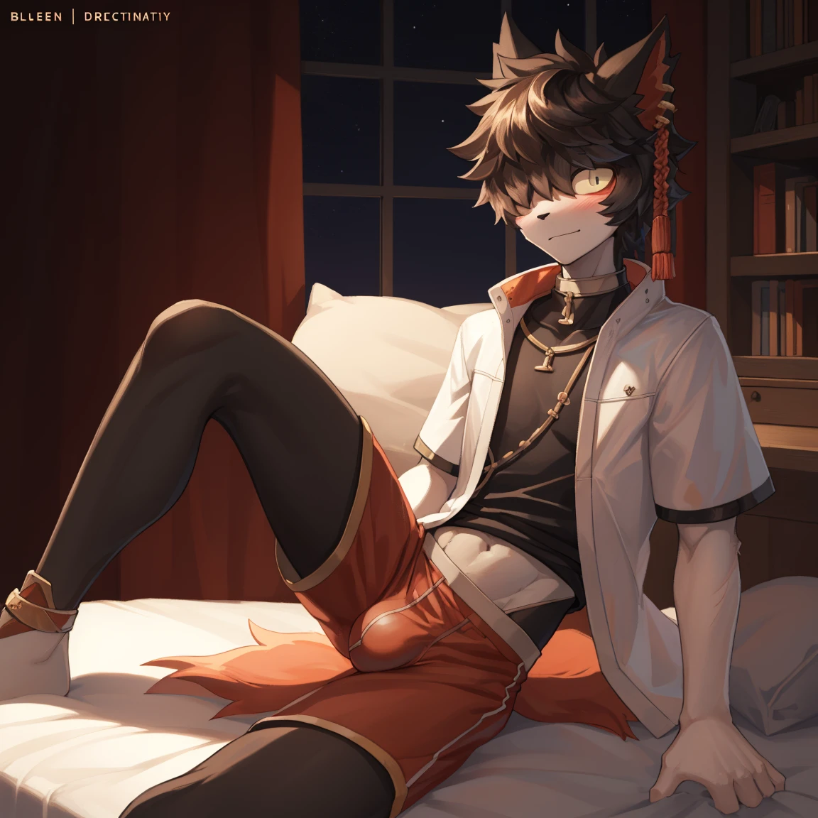 A high resolution, (((masterpiece))), 8 k, excellent lighting, detailed face and body,4K, A high resolution, Best quality, masterpiece, Perfect colors, perfect shadows, perfect lighting,.,, detailed, beautiful digital art, masterpiece, 4K, small parts, antro, What, male, ((male род)), good quality anatomy, ((Beautiful eyes)), ((beautiful hands, detailed hands)), , whole body,ideal male body,A high resolution, (((masterpiece))), 8 k, excellent lighting, detailed face and body., A high resolution, Best quality, masterpiece, Perfect colors, perfect shadows, ,fluffy hair, , anime style, ,Sub, , Ideal Anatomy, high , The collar is worn around the neck. , member, big tail, blushing,slim, soft shading, Ideal Anatomy, perfect lighting, perfect focus, bright, 1 boy, fluffy, fluffy кот, antroпоморфный, male, scales in tone, very big,Soft fur, detailed body, .очень high,slender, full length, there is fur,, pumped up, slim,, , muscular, in the room ,submission, , high, full length, Aak, very big рост, whore, очень embarrassed, blushes, red face,, очень pumped up, , очень pumped up,Kind,Good-natured,, wants to please the owner,(blushing:1.2), embarrassed, red face,reduce,curb, subdue, ,Cozy atmosphere,,Thin waist, очень slim, очень Thin waist,Cute,gay, a ,послушная whore, bulge,, slim, ,slim, very slim, очень Thin waist,, pumped up, ,,очень pumped up,((Realistic clothes:1.6).((night, Moonlight, Night glow, Moonlight, moonlight, dark lighting, discreet lighting, dimly lit, Indirect light, ambient light, soft lighting, diffuse lighting))(sleep), (stowage) on the bed, (stowage on side), Long T-shirt, baggy sports shorts, (without looking at the viewer), pillows, (Bedroom)
