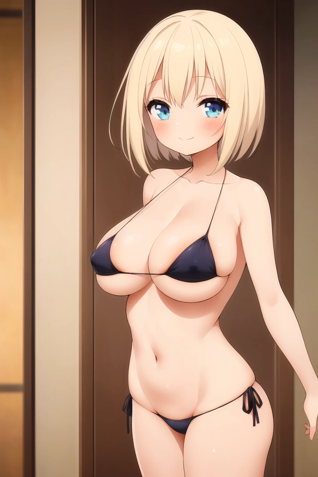 (masterpiece, best quality:1.3), solo, ( girl, low length、Lori、Young Girl:1.3)、slender, (micro bikini:1.2), Huge cleavage、areolae slip, (Young、Petite:1.3), bob cut, shaming, blush, smile,