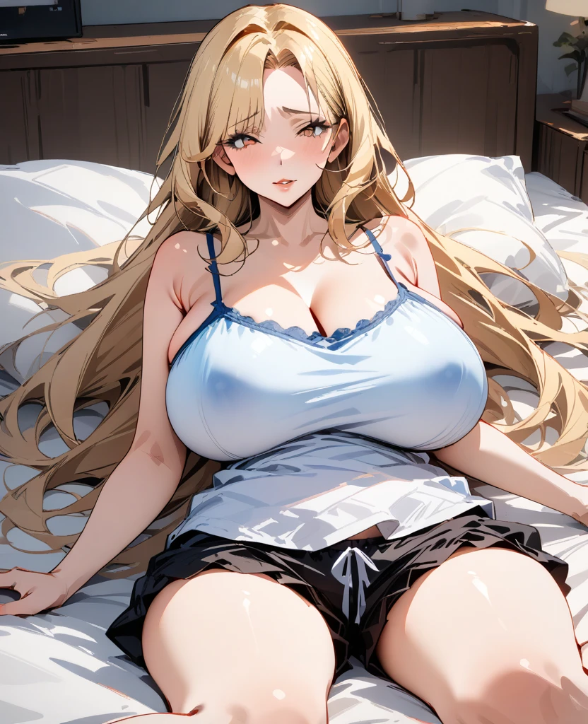 Masterpiece,hi res, absurdres, Best Quality, 4K, 8K, Blonde,long hair,mature female, prominent lips,tall, laying in bed,inexpressive face, hypnotized, huge breasts,pijama,full body,pubic hair, messy,camisole, baggy shorts 