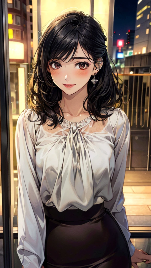(masterpiece:1.3, Highest quality, Ultra-high resolution, Super detailed), (Realistic, photoRealistic:1.4), Beautiful illustrations, Perfect lighting, colorful, Depth of written boundary,
Beautiful detailed hair, Beautifully detailed face, Beautiful fine details, Beautiful clavicle, Beautiful body, 美しいLarge Breasts, Beautiful thighs, Beautiful feet, Beautiful fingers,
View Viewer、Front view:0.6, Beauty1人, Japanese, Beauty、30 years old, Perfect Face, (Perfect Anatomy, Anatomically correct), Cute and symmetrical face, Baby Face, , Shiny skin,
((Tan blouse:1.4)),((Wraparound skirt:1.5))
(Black Hair, Medium、Updo Hair:1.4), Dark brown eyes, (Large Breasts), Slim body,
necklace, Small earrings:1.1,
(Beautiful views), (night), (city, cityscape in the distance), Standing with good posture, A soft smile、(Smile, Lips parted),
