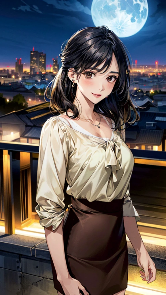 (masterpiece:1.3, Highest quality, Ultra-high resolution, Super detailed), (Realistic, photoRealistic:1.4), Beautiful illustrations, Perfect lighting, colorful, Depth of written boundary,
Beautiful detailed hair, Beautifully detailed face, Beautiful fine details, Beautiful clavicle, Beautiful body, 美しいLarge Breasts, Beautiful thighs, Beautiful feet, Beautiful fingers,
View Viewer、Front view:0.6, Beauty1人, Japanese, Beauty、30 years old, Perfect Face, (Perfect Anatomy, Anatomically correct), Cute and symmetrical face, Baby Face, , Shiny skin,
((Tan blouse:1.4)),((Wraparound skirt:1.5))
(Black Hair, Medium、Updo Hair:1.4), Dark brown eyes, (Large Breasts), Slim body,
necklace, Small earrings:1.1,
(Beautiful views), (night), (city, cityscape in the distance), Standing with good posture, A soft smile、(Smile, Lips parted),