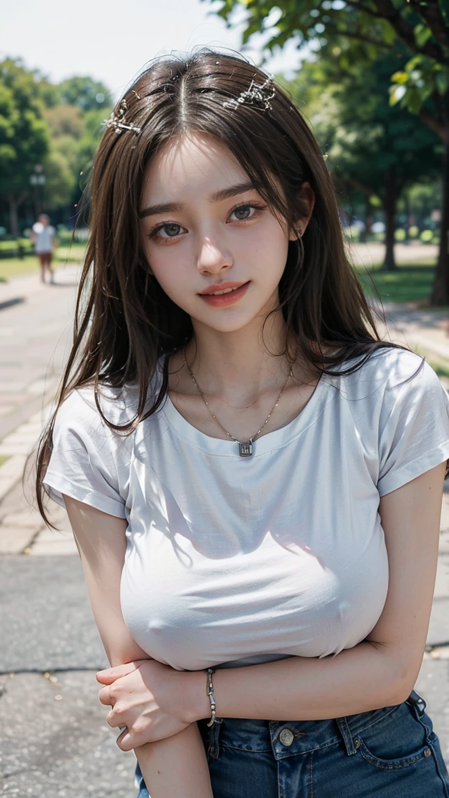 (Masterpiece, BestQuality:1.3), (ultra detailed:1.2), (hyperrealistic:1.3), (RAW photo:1.2),High detail RAW color photo, professional photograph, (Photorealistic:1.4), (realistic:1.4), ,professional lighting, (japanese), beautiful face, (realistic face), cute woman, (Big Breasts:1.5), (Smile:1.7), Trending Hair&Trending Hairカラーをランダムに, earrings, necklace, bracelet, sexy, erotic sexy, Random sexy gravure poses, Walking, (((A sexy beauty in casual jeans and a white T-shirt is posing for a sexy photo shoot in the park with a natural smile。Beautiful long brown hair。:1.2), Beautiful location, (Detailed Background):1.2))