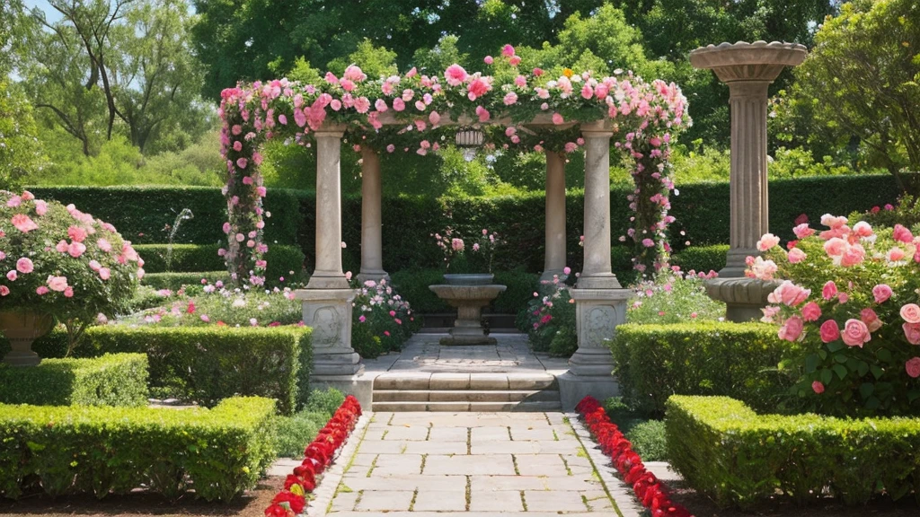 A high-quality, photorealistic image of a stunning rose garden in full bloom, where the roses are the main focus. The scene should prominently feature vibrant roses in a variety of colors, including red, pink, white, and yellow, blooming abundantly and creating a sea of flowers. The garden is well-maintained with neatly trimmed pathways and minimal greenery to emphasize the roses. The lighting is natural and warm, highlighting the delicate petals and lush blossoms. In the background, there are charming garden elements like a classic wrought-iron bench, a stone fountain, and a pergola covered in climbing roses. The overall atmosphere is serene and picturesque, with the roses creating a sense of peace and tranquility.