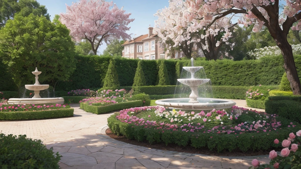 A high-quality, photorealistic image of a stunning rose garden in full bloom, where the roses are the main focus. The scene should prominently feature vibrant roses in a variety of colors, including red, pink, white, and yellow, blooming abundantly and creating a sea of flowers. The garden is well-maintained with neatly trimmed pathways and minimal greenery to emphasize the roses. The lighting is natural and warm, highlighting the delicate petals and lush blossoms. In the background, there are charming garden elements like a classic wrought-iron bench, a stone fountain, and a pergola covered in climbing roses. The overall atmosphere is serene and picturesque, with the roses creating a sense of peace and tranquility.