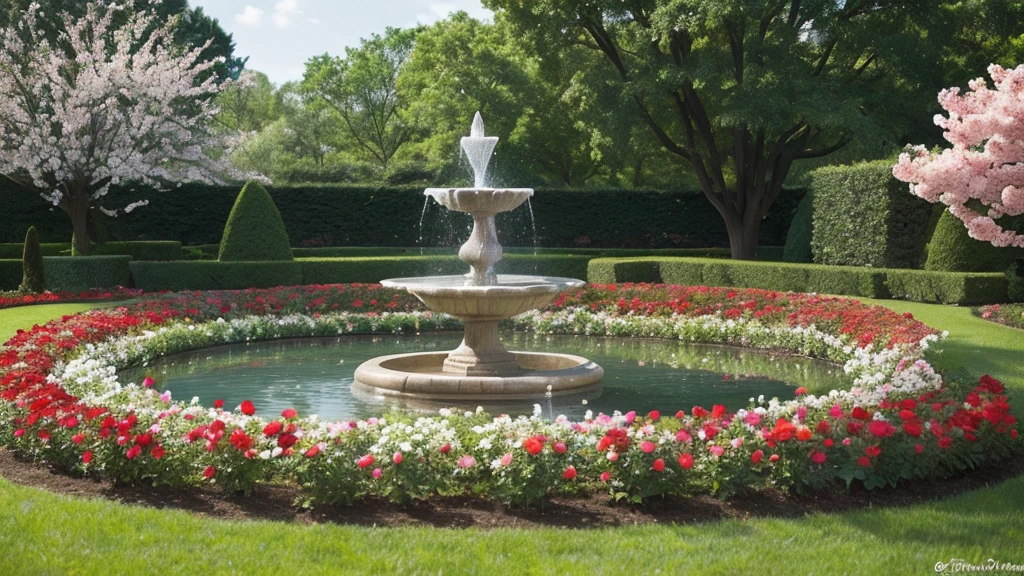 A high-quality, photorealistic image of a stunning rose garden in full bloom, where the roses are the main focus. The scene should prominently feature vibrant roses in a variety of colors, including red, pink, white, and yellow, blooming abundantly and creating a sea of flowers. The garden is well-maintained with neatly trimmed pathways and minimal greenery to emphasize the roses. The lighting is natural and warm, highlighting the delicate petals and lush blossoms. In the background, there are charming garden elements like a classic wrought-iron bench, a stone fountain, and a pergola covered in climbing roses. The overall atmosphere is serene and picturesque, with the roses creating a sense of peace and tranquility.
