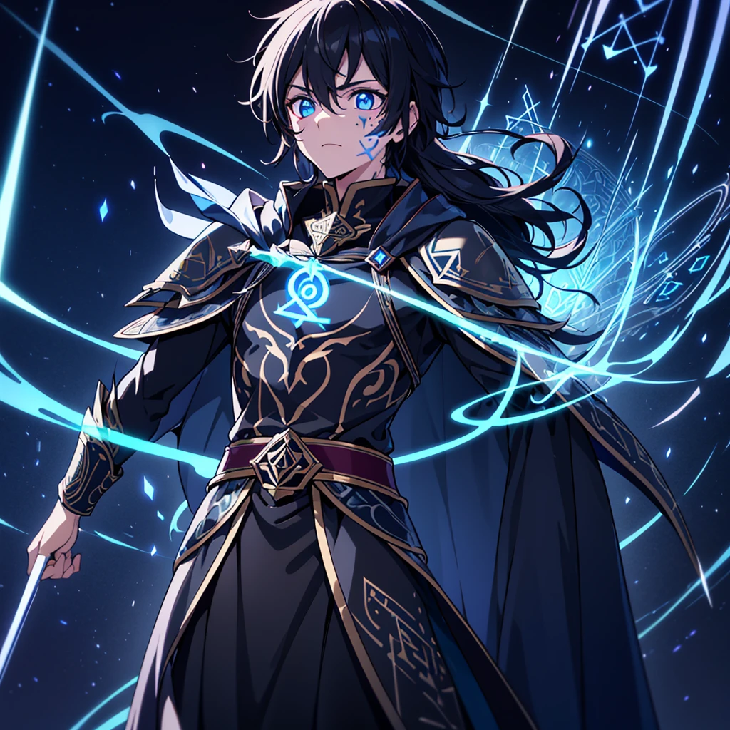 4k, 8k, high resolution, hyper detailed, intricate, masterpiece, one man(((glowing rune tattoos))), prince, dress suit, cape, knight, red and black hair, incredible detail, sharp focus, ultra detailed