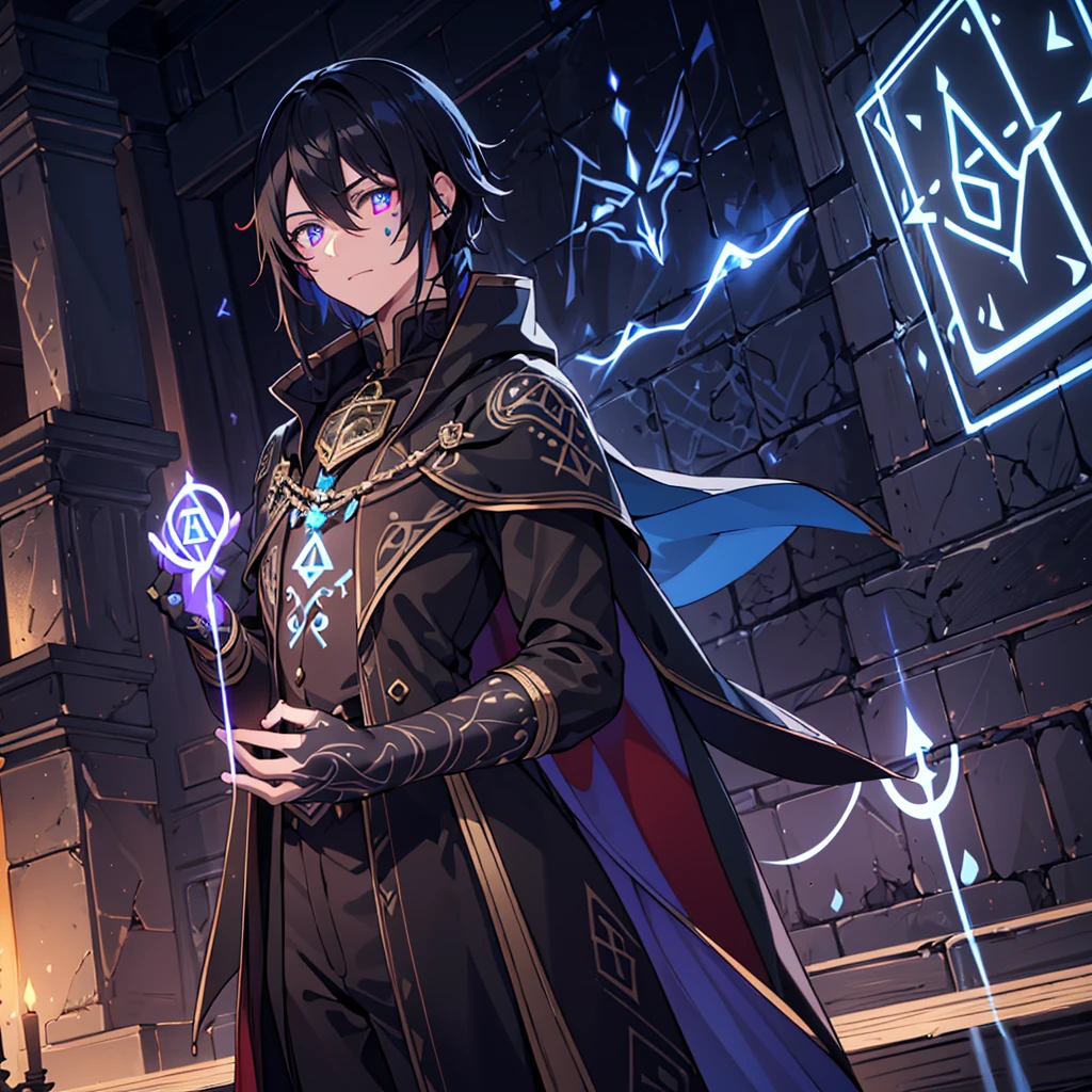4k, 8k, high resolution, hyper detailed, intricate, masterpiece, one man(((glowing rune tattoos))), prince, dress suit, cape, knight, red and black hair, incredible detail, sharp focus, ultra detailed