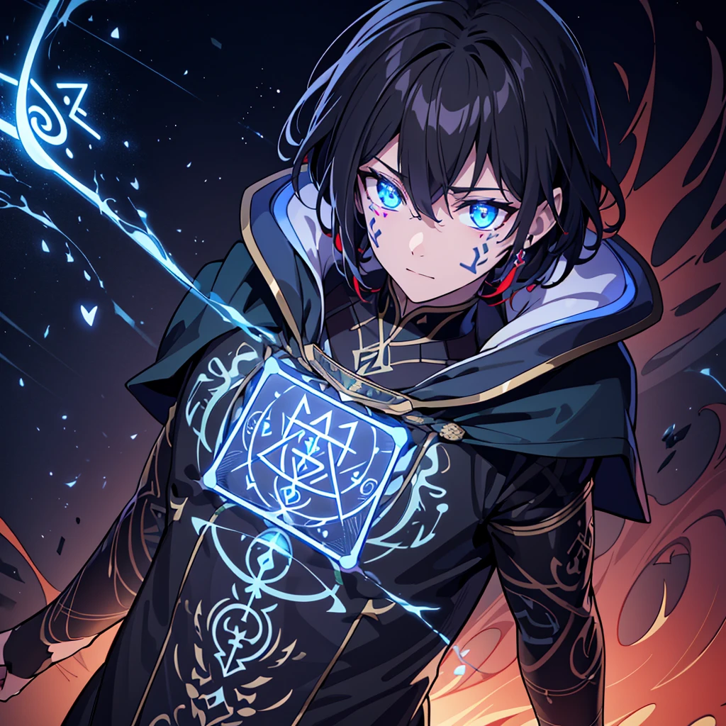 4k, 8k, high resolution, hyper detailed, intricate, masterpiece, one man(((glowing rune tattoos))), prince, dress suit, cape, knight, red and black hair, incredible detail, sharp focus, ultra detailed