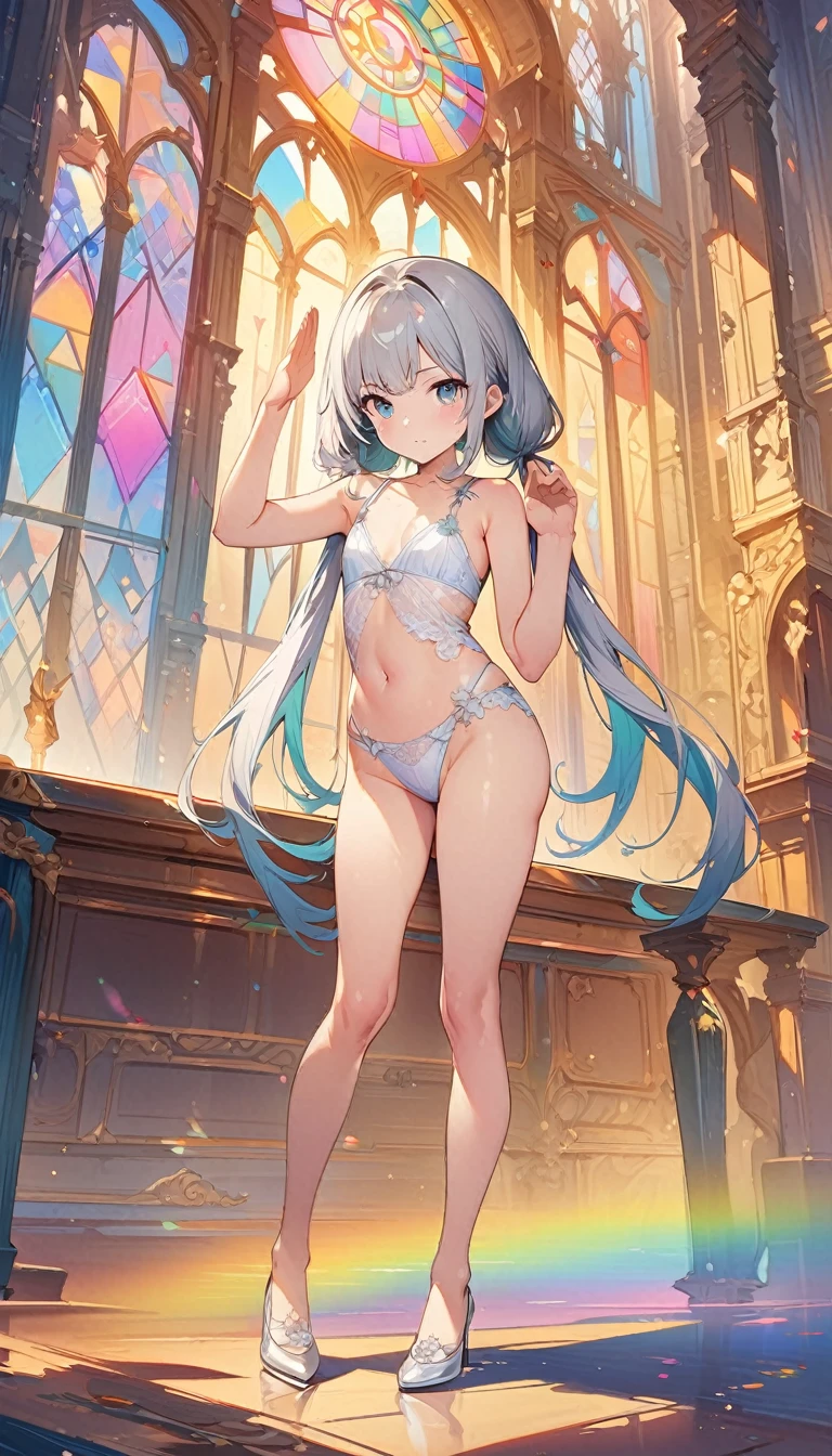 (masterpiece:1.8),(Highest quality:1.8),(Very detailed:1.8),(8k:1.8),(Ultra-fine Illustration:1.5),,,Straight low twintail,Flat Chest,Small Ass,(High-grade metallic silver,,lingerie:1.4),(Prayer Pose:1.5),Vintage sofa,,(Full body angle), Stained glass, Rainbow Gradient,