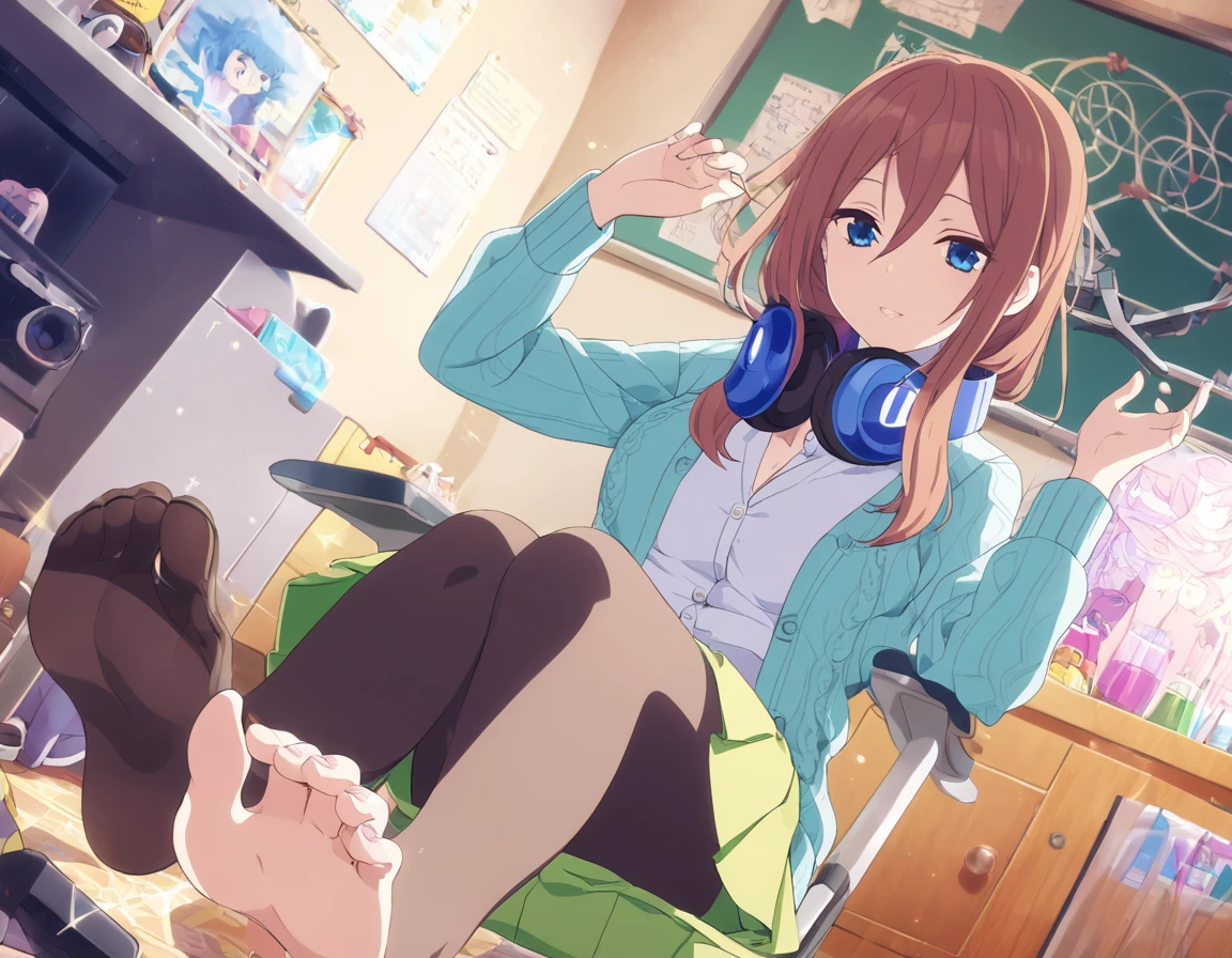 score_9_up,score_8_up,score_7_up, A girl lounging in her bedroom, a PC monitor turned on, a gaming chair, a cluttered room, fetal position, Sparkling,, (8k), (super fine illustration), detailed beatiful face, detailed beatiful eyes, detailed beatiful hair, perfect body, perfect hands, dynamic pose, dutch angle}, , looking at viewer, 20-year-old woman, mikunakano, miku nakano, long hair, bangs, blue eyes, brown hair, shirt, hair between eyes, cardigan, headphones around neck, female, medium breastt, shirt, long sleeves, white shirt, pantyhose, pl skirt, black pantyhose, cardigaeen skirt, blue cardigan, bare foot, foot focus, from below ,anklet, chalkboard, shiny skin, pale skin, colored toenails,