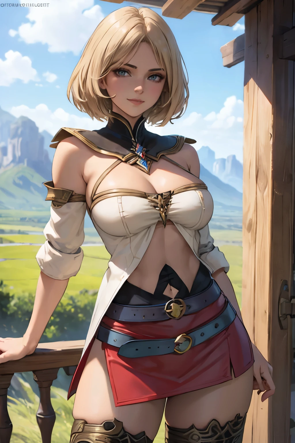 jambes grasses, gros seins, sourire, (extremely fine and beautiful:1.1), (perfect details:1.1), (finely detailed eyes and detailed face:1.3), Ashelia B'nargin Dalmasca, Final fantasy 12, 1girl, short hair, AsheliaOutfit, miniskirt, thighhighs, jewelry, belt, standing, cowboy shot, dynamic pose, dynamic angle, outdoors, plains, hills