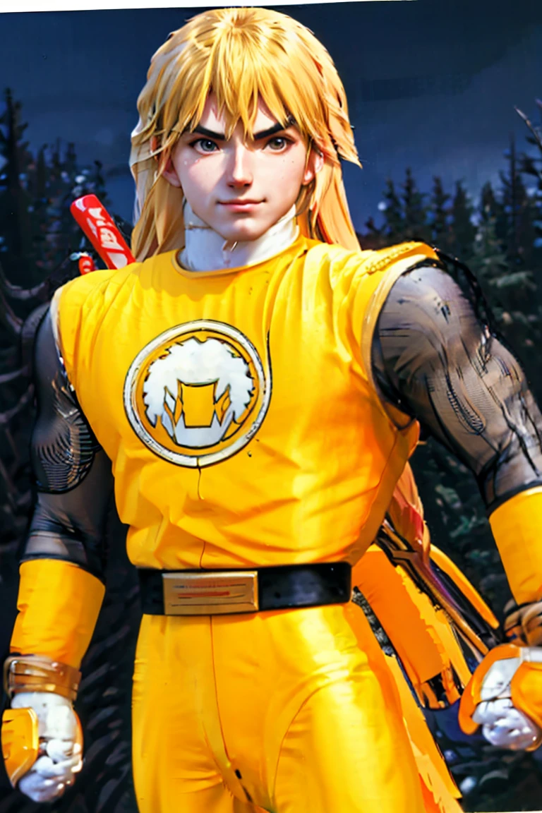 kenalpha, 1boy, male focus, blonde hair, long hair, muscular, pectorals, nsyellownohelmet, gloves, belt, yellow bodysuit, white gloves, yellow pants, original, (masterpiece), (illustration), (extremely fine and beautiful), perfect detailed, photorealistic, (beautiful and clear background:1.25), (depth of field:0.7)
