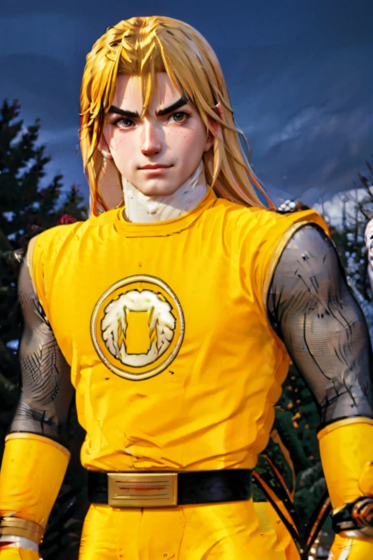 kenalpha, 1boy, male focus, blonde hair, long hair, muscular, pectorals, nsyellownohelmet, gloves, belt, yellow bodysuit, white gloves, yellow pants, original, (masterpiece), (illustration), (extremely fine and beautiful), perfect detailed, photorealistic, (beautiful and clear background:1.25), (depth of field:0.7)
