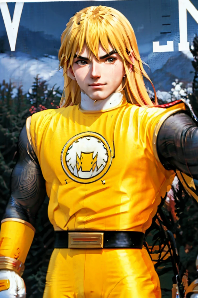 kenalpha, 1boy, male focus, blonde hair, long hair, muscular, pectorals, nsyellownohelmet, gloves, belt, yellow bodysuit, white gloves, yellow pants, original, (masterpiece), (illustration), (extremely fine and beautiful), perfect detailed, photorealistic, (beautiful and clear background:1.25), (depth of field:0.7)
