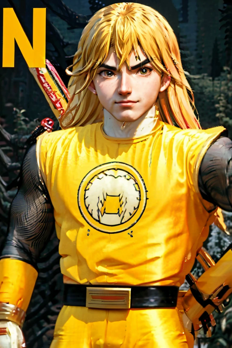 kenalpha, 1boy, male focus, blonde hair, long hair, muscular, pectorals, nsyellownohelmet, gloves, belt, yellow bodysuit, white gloves, yellow pants, original, (masterpiece), (illustration), (extremely fine and beautiful), perfect detailed, photorealistic, (beautiful and clear background:1.25), (depth of field:0.7)
