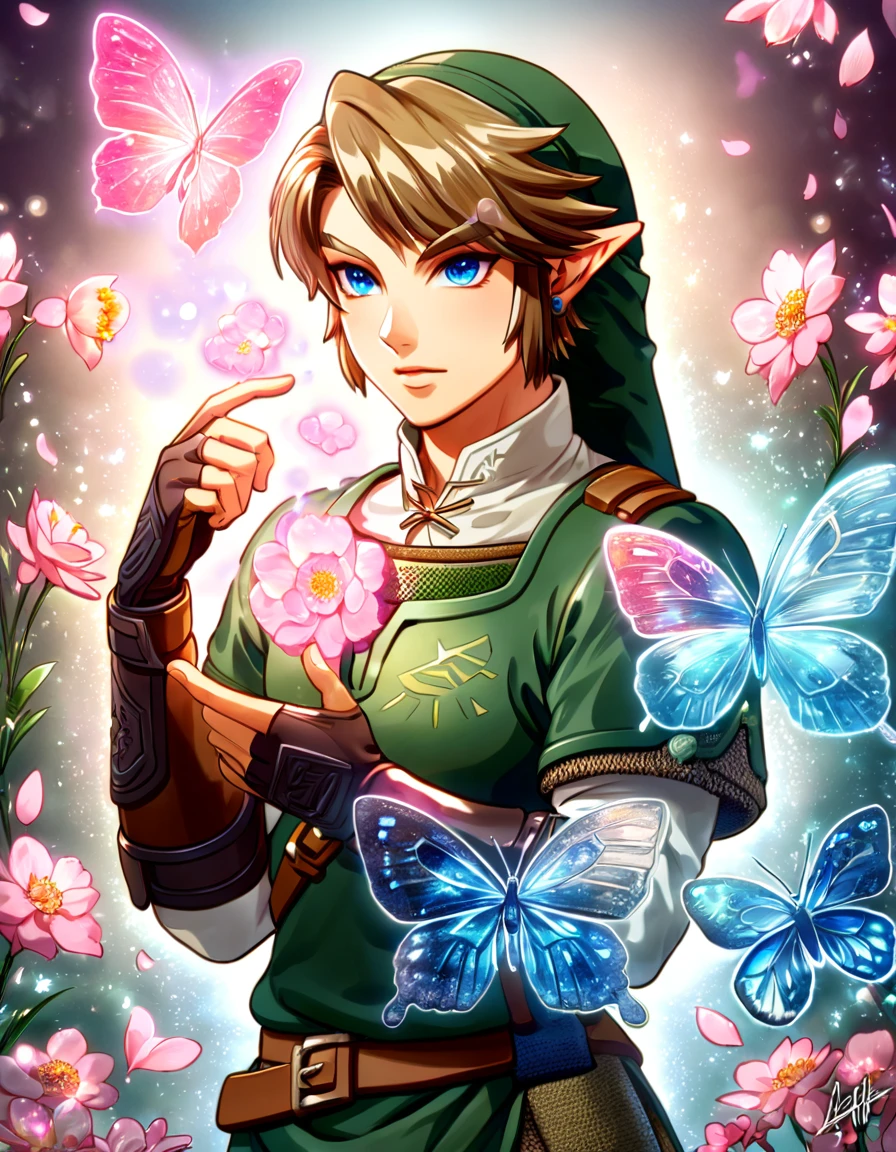 absurdres, highres, ultra detailed, HDR, master piece, best quality, Link, brown hair, expressive blue eyes, the legend of zelda twilight princess, solo, sexy man, handsome, green tunic, green hat, brown gauntlets, magical, fantasy, shining, pink flowers, pink blossoms, pink butterflies, pink petals, water