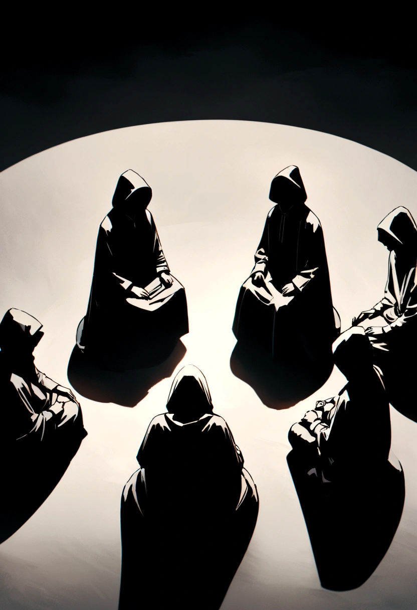 "A group of 4 people wearing large black robes with hoods, sitting in a circle in a dark location, frontal view, minimalist characters, 8k resolution, high definition, photorealistic style, cinematic lighting, melancholic atmosphere, dramatic shadows, muted color palette."