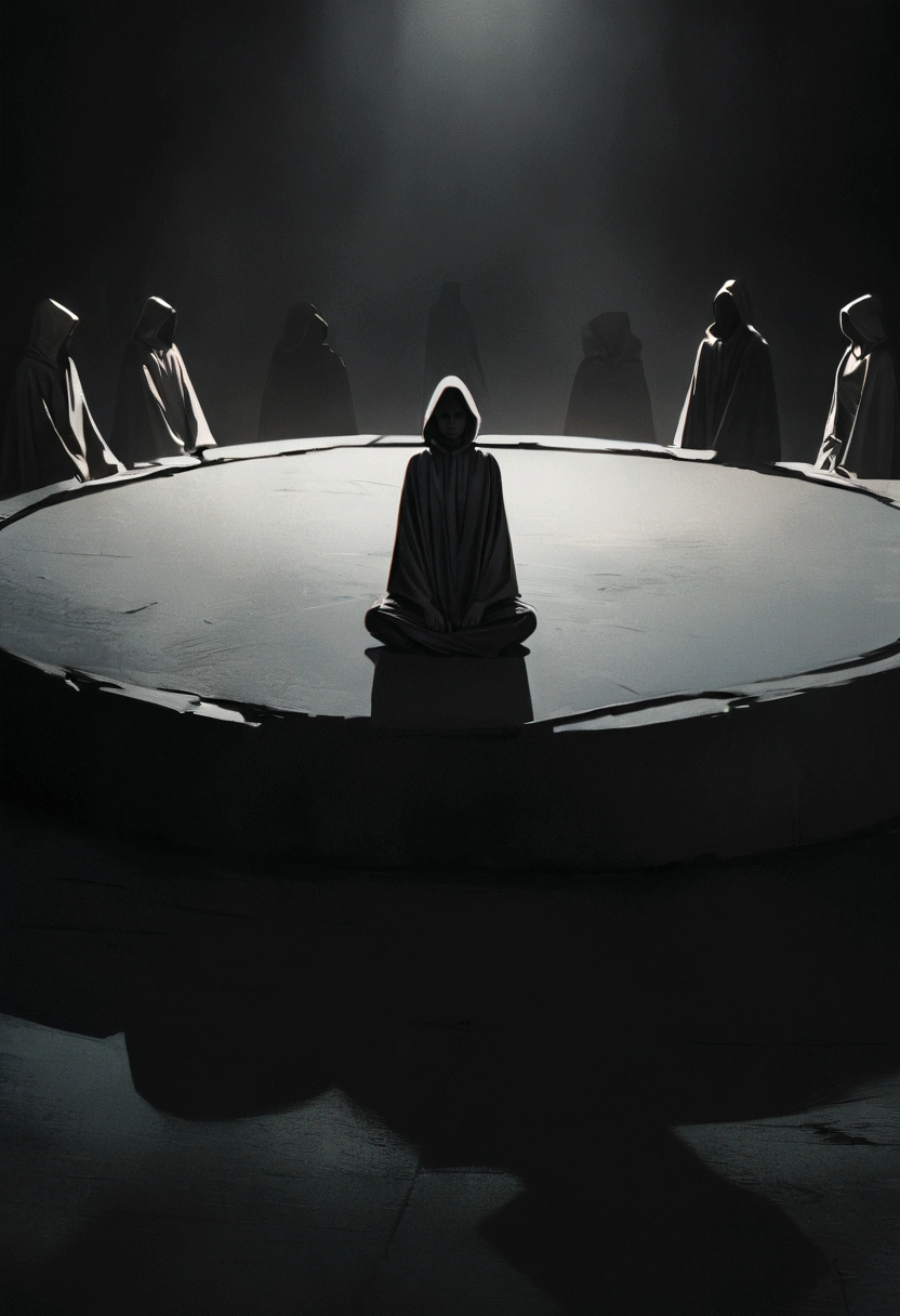 "A group of 4 people wearing large black robes with hoods, sitting in a circle in a dark location, frontal view, minimalist characters, 8k resolution, high definition, photorealistic style, cinematic lighting, melancholic atmosphere, dramatic shadows, muted color palette."