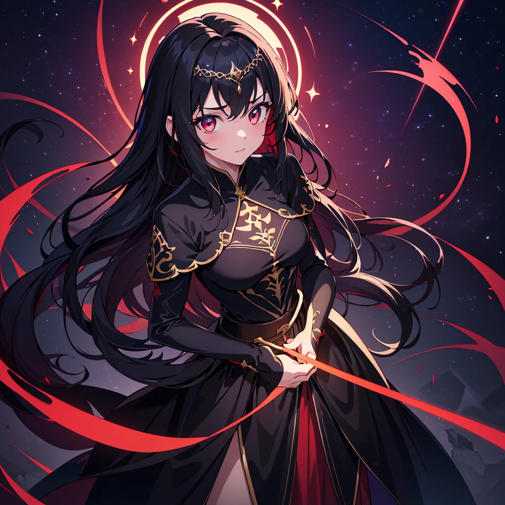 (best quality,4k,8k,highres,masterpiece:1.2),ultra-detailed,,1girl,glowing rune tattoos,red and black hair,princess knight pants gown dress,circlet,fantasy,