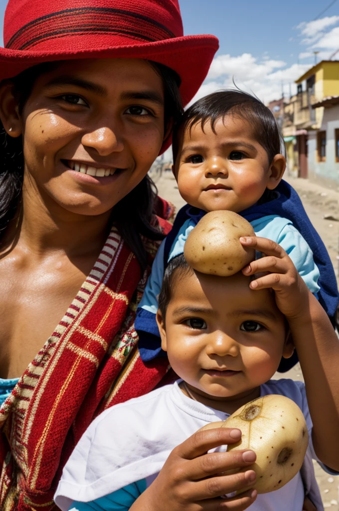 A Peruvian in the heights of Peru with a potato in his hand