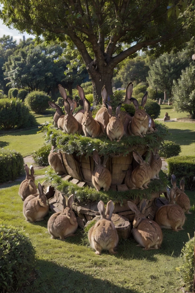 a village in a giant tree with a group of anthropomorphic rabbits dressed in leather skins living there, masterpiece, best, photo realistic