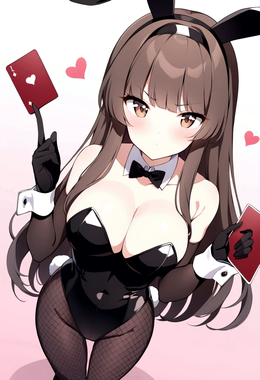 slender, mature female, card, fishnets, fishnet_legwear, animal_ears, playing_card, bunnysuit, rating:safe, bunny_ears, long_hair, leotard, pantyhose, breasts, bow, 1girl, detached_collar, holding_card, bowtie, strapless, black_leotard, solo, gloves, black_bow, black_neckwear, strapless_leotard, bare_shoulders, wrist_cuffs, looking_at_viewer, cleavage, fake_animal_ears, elbow_gloves, black_gloves, black_hair, bangs, bunny_girl, black_hairband, brown_eyes, large_breasts, cowboy_shot, eyebrows_visible_through_hair, hairband, fake_tail, heart, bunny_tail, brown_hair, tail, closed_mouth, from_above, sidelocks, medium_breasts, holding, standing, collarbone, checkered