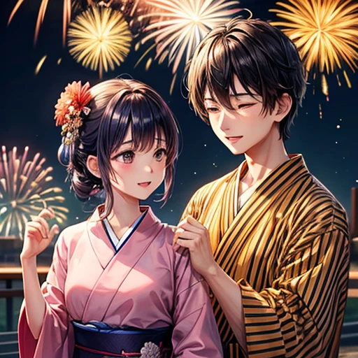 In the summer night sky、Colorful fireworks burst into flames。A young man and a woman in yukata、With our shoulders pressed together、Looking up at that beautiful light。The young man's yukata is navy blue.、Decorated with golden fireworks。Women's yukatas are white.、Decorated with pink cherry blossom pattern。The youth、Gently holding a woman's hand、Gazing at the night sky lit by fireworks。The woman's cheek、It is dyed red by the light of the fireworks。The two、We feel a deep affection for each other。The woman's hair color is brown