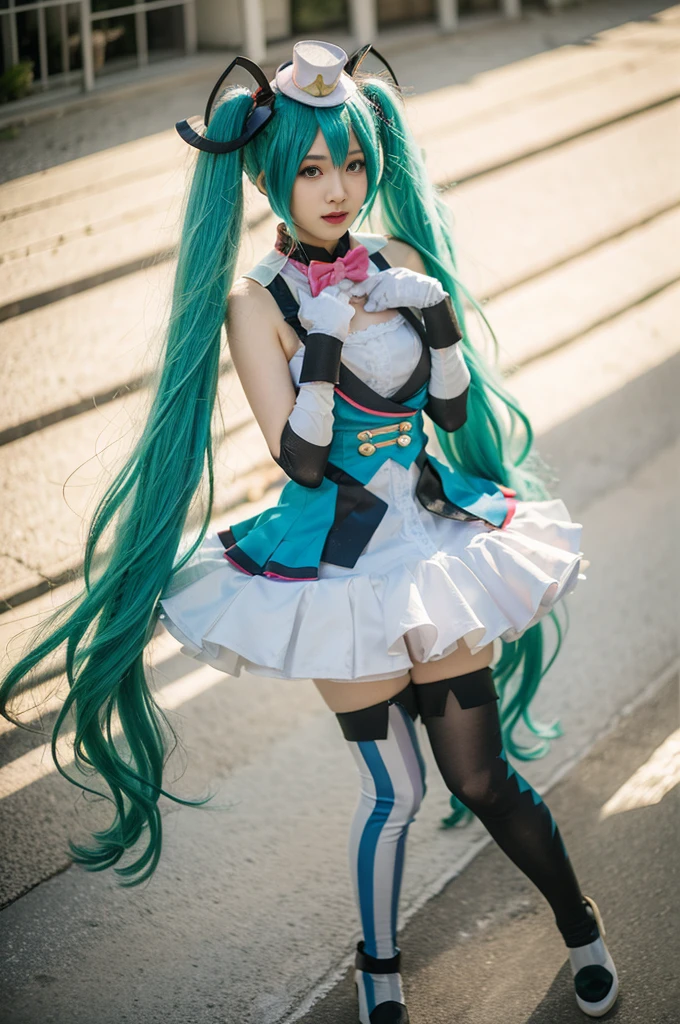 hatsune miku cosplay costume, hatsune miku, magical mirai miku, cosplay, aqua hair, twintails, very long hair, vest, sleeveless dress, frills, asymmetrical gloves, bowtie, mini hat, hair ornament, gloves, wrist cuffs, asymmetrical legwear, vertical-striped thighhighs, shoes beauty, Beautiful woman，Have a perfect body：1.4，Layered Hairstyle，((Big breasts)), ((D cup)), Visible cleavage，Bare shoulders, Highly detailed face and skin texture，Double eyelids，Skin Whitening，Long hair，Whitening long legs，Standing by the sea, Fashion girl, Red lips, Sweet maiden, Beautiful makeup, detail, lifelike, Very detailed, amazing, beautiful, Young and energetic, high quality，High Definition, rich and colorful，Exquisite, Smooth skin, The skirt is short, Lift the skirt with your hands, Elegant and charming posture, Official Art, Extremely detailed, Movie atmosphere, Soft colors, Natural skin texture,