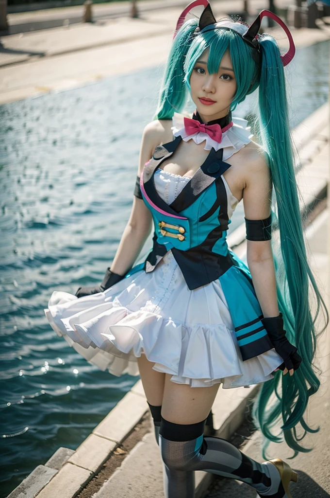 hatsune miku cosplay costume, hatsune miku, magical mirai miku, cosplay, aqua hair, twintails, very long hair, vest, sleeveless dress, frills, asymmetrical gloves, bowtie, mini hat, hair ornament, gloves, wrist cuffs, asymmetrical legwear, vertical-striped thighhighs, shoes beauty, Beautiful woman，Have a perfect body：1.4，Layered Hairstyle，((Big breasts)), ((D cup)), Visible cleavage，Bare shoulders, Highly detailed face and skin texture，Double eyelids，Skin Whitening，Long hair，Whitening long legs，Standing by the sea, Fashion girl, Red lips, Sweet maiden, Beautiful makeup, detail, lifelike, Very detailed, amazing, beautiful, Young and energetic, high quality，High Definition, rich and colorful，Exquisite, Smooth skin, The skirt is short, Lift the skirt with your hands, Elegant and charming posture, Official Art, Extremely detailed, Movie atmosphere, Soft colors, Natural skin texture,