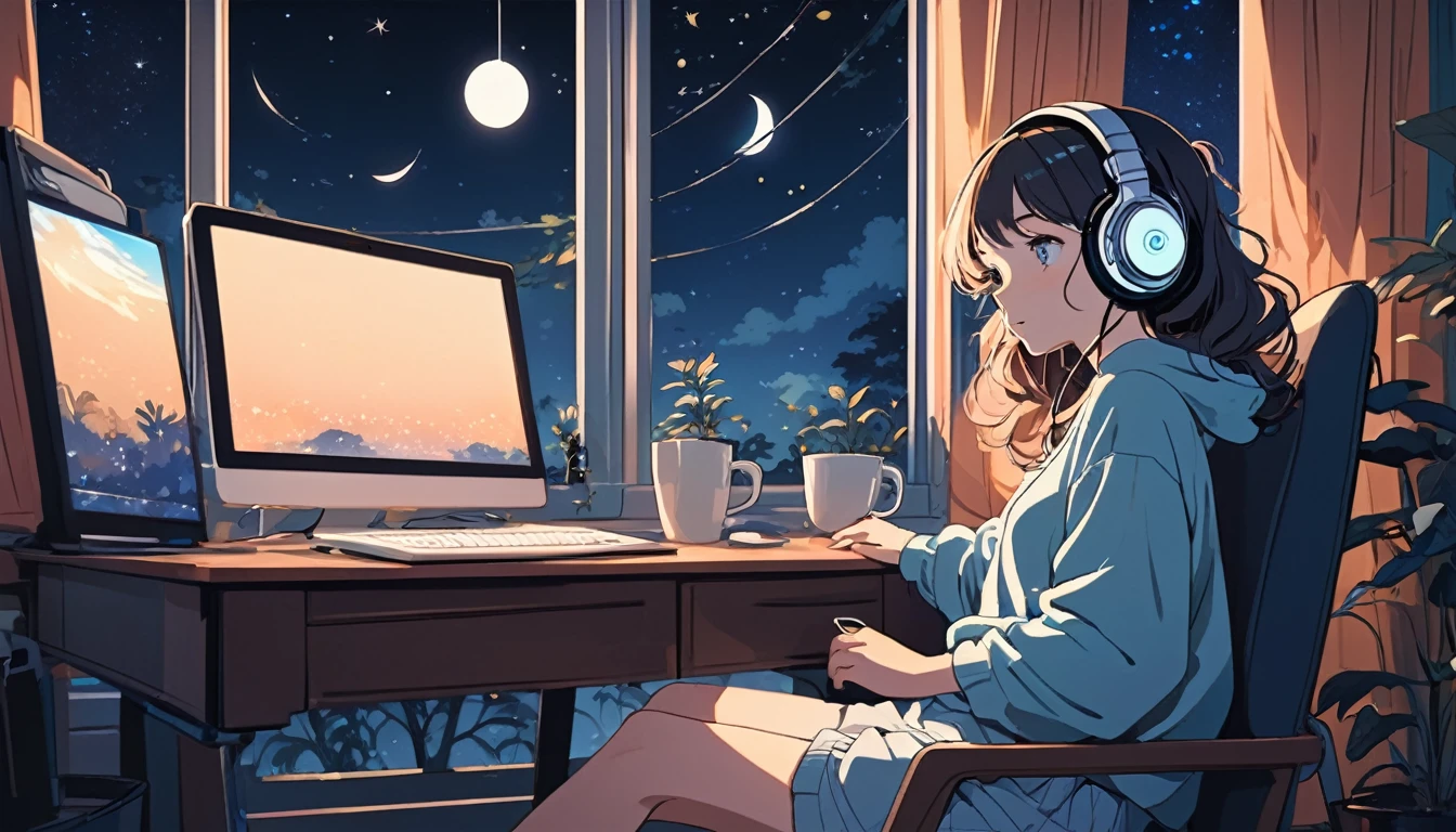 Beautiful woman sitting on a chair and wearing headphones、Computer and mug on the desk、Night outside the window, Wide-angle lens, Lofi Anime, Lofi illustration, Aesthetic atmosphere, Lo-Fi Style, Vector art, Flat Design, Simple shape, Warm tones, Pleasant atmosphere, Chill, In anime style, Digital drawing, Vector art, Vector logo for t-shirt printing, (Adorable:1.5), (small:1.4), (Playful:1.2), (soft:1.3), (Whimsical:1.1), masterpiece, Highest quality, 8k, Intricate details, grow, Celestial, Mysterious, Picturesque, amazing, Majestic, Magic, Fantasy art, Cover art, dream-like