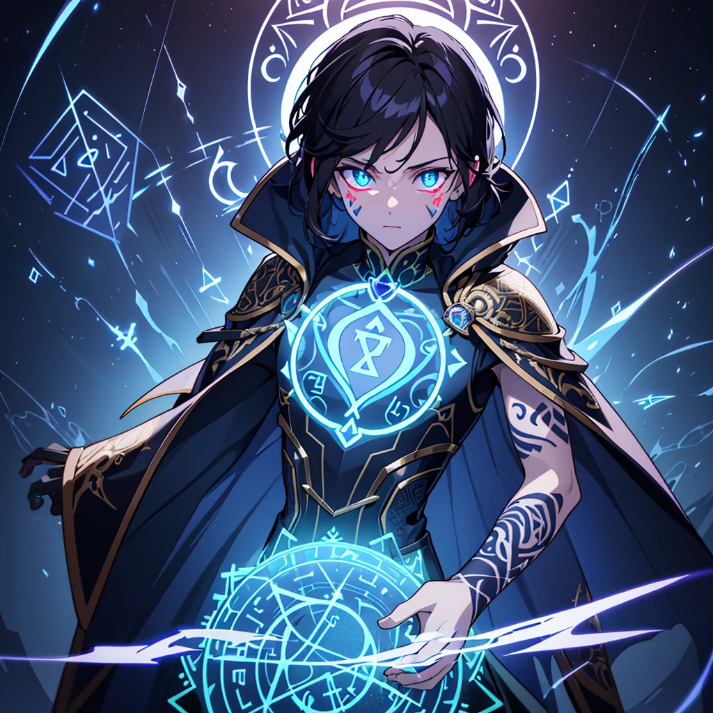 4k, 8k, high resolution, hyper detailed, intricate, masterpiece, one man (((glowing rune tattoos))), prince, dress suit, cape, knight, red and black hair, incredible detail, sharp focus, ultra detailed