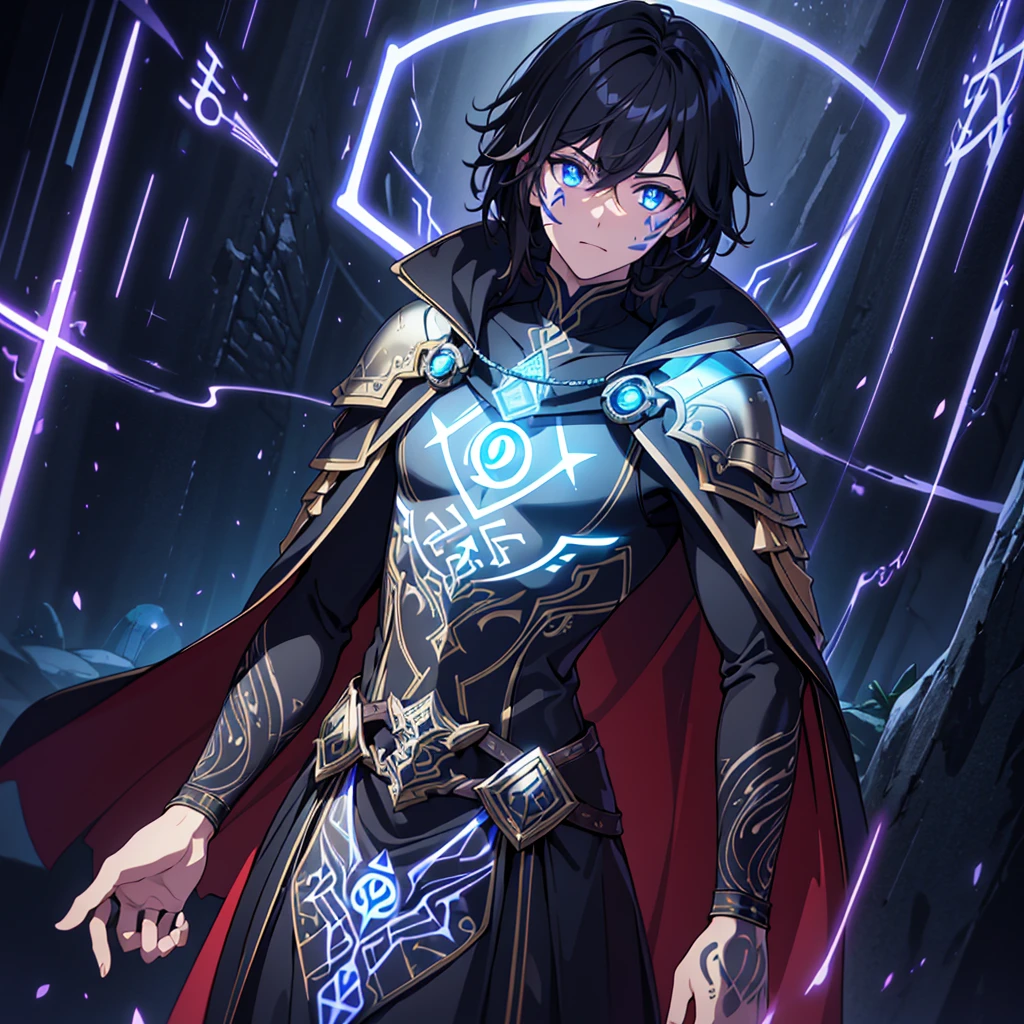 4k, 8k, high resolution, hyper detailed, intricate, masterpiece, one man (((glowing rune tattoos))), prince, dress suit, cape, knight, red and black hair, incredible detail, sharp focus, ultra detailed