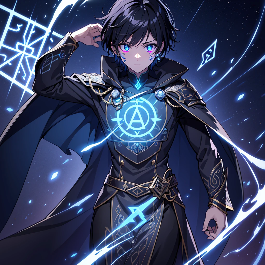 4k, 8k, high resolution, hyper detailed, intricate, masterpiece, one man (((glowing rune tattoos))), prince, dress suit, cape, knight, red and black hair, incredible detail, sharp focus, ultra detailed