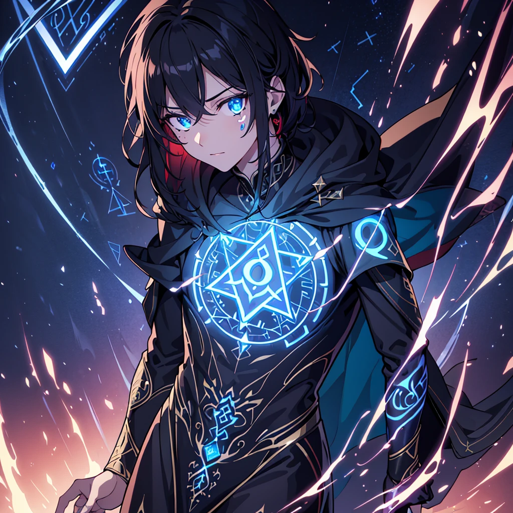 4k, 8k, high resolution, hyper detailed, intricate, masterpiece, one man (((glowing rune tattoos))), prince, dress suit, cape, knight, red and black hair, incredible detail, sharp focus, ultra detailed