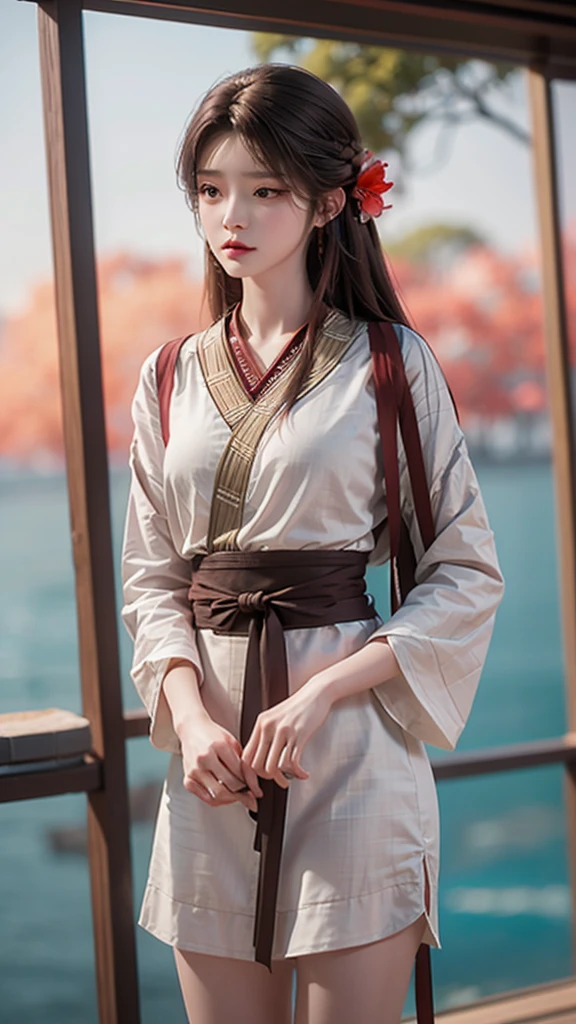 content:beauty,Black Hair,Brown eyes,Long hair,Straight Hair,Nice hairstyle，Red head rope，She is wearing a white shirt，Shoulders exposed,Dark blue skirt,In the background,落日在海浪上投射出金色的beauty:photography。style:Surrealism,Capturing the essence of a calm evening training session。Light:日落的柔和Light增强了自然Light的beauty。color:Warm sunset tones and cool blue ocean.Work:Photographed with a Canon EOS 5D Mark IV digital SLR camera,efm50mm focal length/1.8STM lens,Resolution 30.4 megapixels,ISO Speed:100,Shutter Speed ​​1/125 second,Focus on idol background,Emphasize visual depth。--16:9-V5.1--style原始--Q2-S750