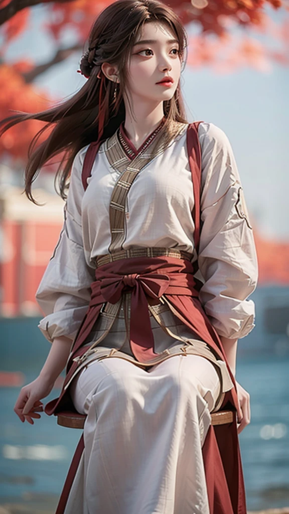 content:beauty,Black Hair,Brown eyes,Long hair,Straight Hair,Nice hairstyle，Red head rope，She is wearing a white shirt，Shoulders exposed,Dark blue skirt,In the background,落日在海浪上投射出金色的beauty:photography。style:Surrealism,Capturing the essence of a calm evening training session。Light:日落的柔和Light增强了自然Light的beauty。color:Warm sunset tones and cool blue ocean.Work:Photographed with a Canon EOS 5D Mark IV digital SLR camera,efm50mm focal length/1.8STM lens,Resolution 30.4 megapixels,ISO Speed:100,Shutter Speed ​​1/125 second,Focus on idol background,Emphasize visual depth。--16:9-V5.1--style原始--Q2-S750