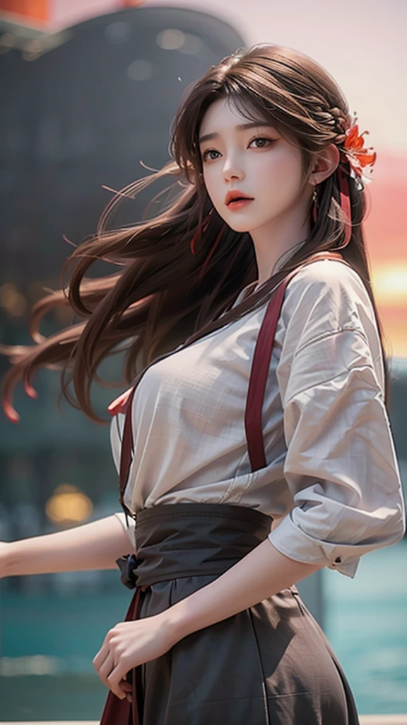 content:beauty,Black Hair,Brown eyes,Long hair,Straight Hair,Nice hairstyle,Red head rope,She is wearing a white shirt,Shoulders exposed,Dark blue skirt,In the background,落日在海浪上投射出金色的beauty:photography。style:Surrealism,Capturing the essence of a calm evening training session。Light:日落的柔和Light增强了自然Light的beauty。color:Warm sunset tones and cool blue ocean.Work:Photographed with a Canon EOS 5D Mark IV digital SLR camera,efm50mm focal length/1.8STM lens,Resolution 30.4 megapixels,ISO Speed:100,Shutter Speed 1/125 second,Focus on idol background,Emphasize visual depth。--16:9-V5.1--style原始--Q2-S750
