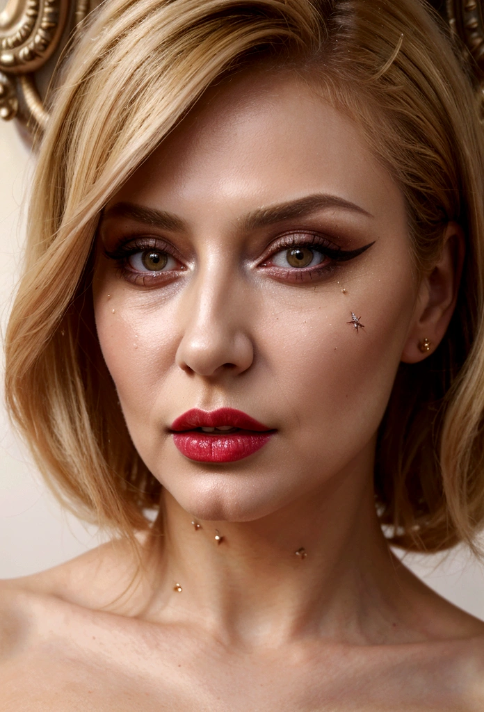 (masterpiece, Best quality, professional, perfect composition, very aesthetic, absurdity, ultra detailed, complex parts:1.3) Movie frame,  Russian mature woman, a lot of makeup, sexy face with full makeup, blonde, Red lipstick 