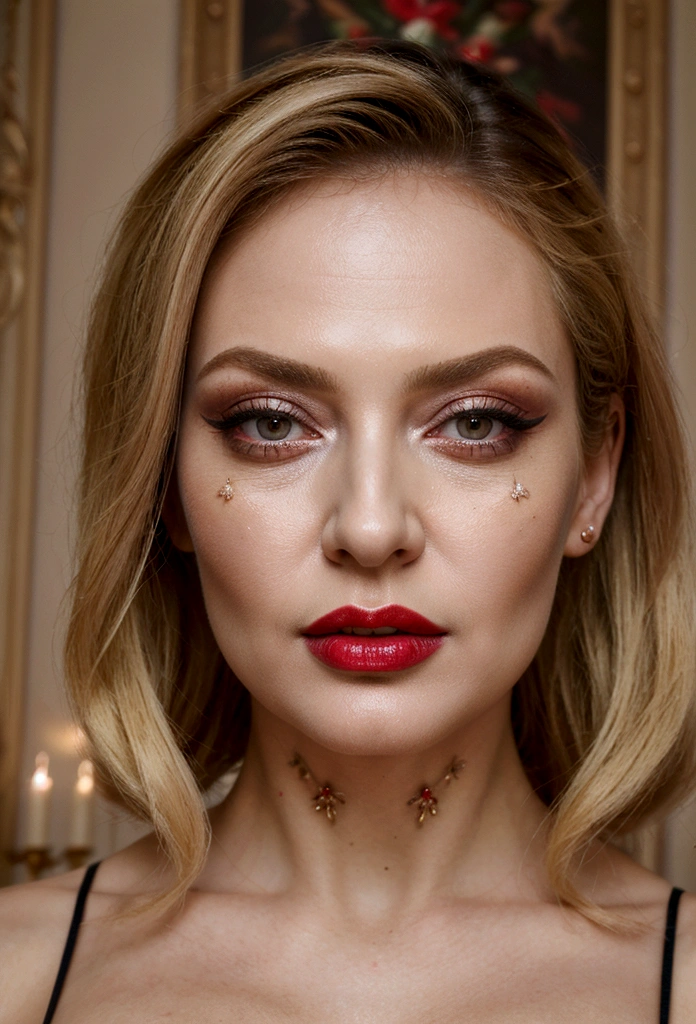 (masterpiece, Best quality, professional, perfect composition, very aesthetic, absurdity, ultra detailed, complex parts:1.3) Movie frame, Russian mature woman, a lot of makeup, sexy face with full makeup, blonde, Red lipstick