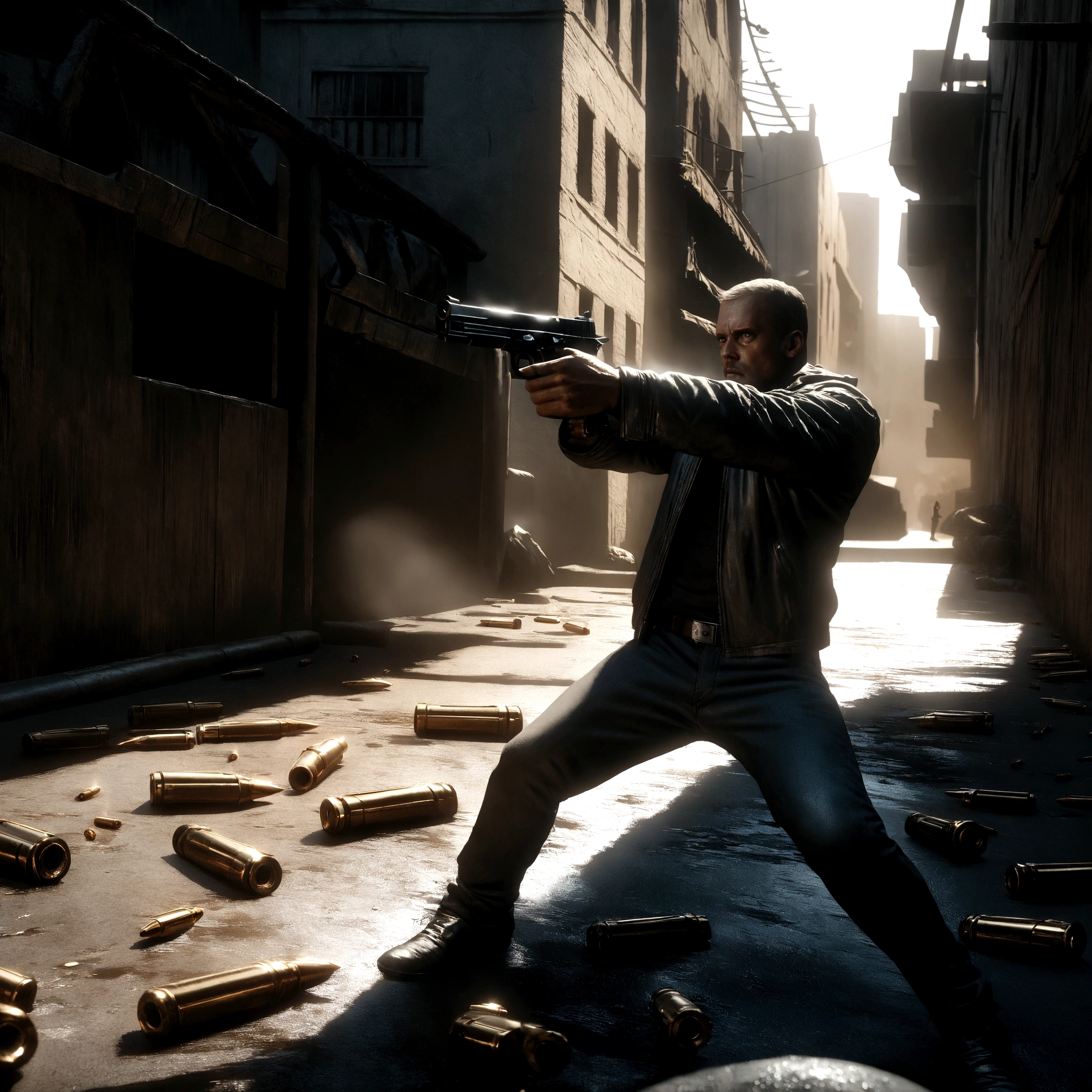 a bandit with a pistol, detailed firearm, bullet cartridges, intense gun battle, gritty urban environment, cinematic action scene, dark and moody atmosphere, dramatic lighting, high contrast, cinematic composition, hyper-detailed, photorealistic, 8k, unreal engine, dark and gritty, moody, dramatic, intense, action, thriller