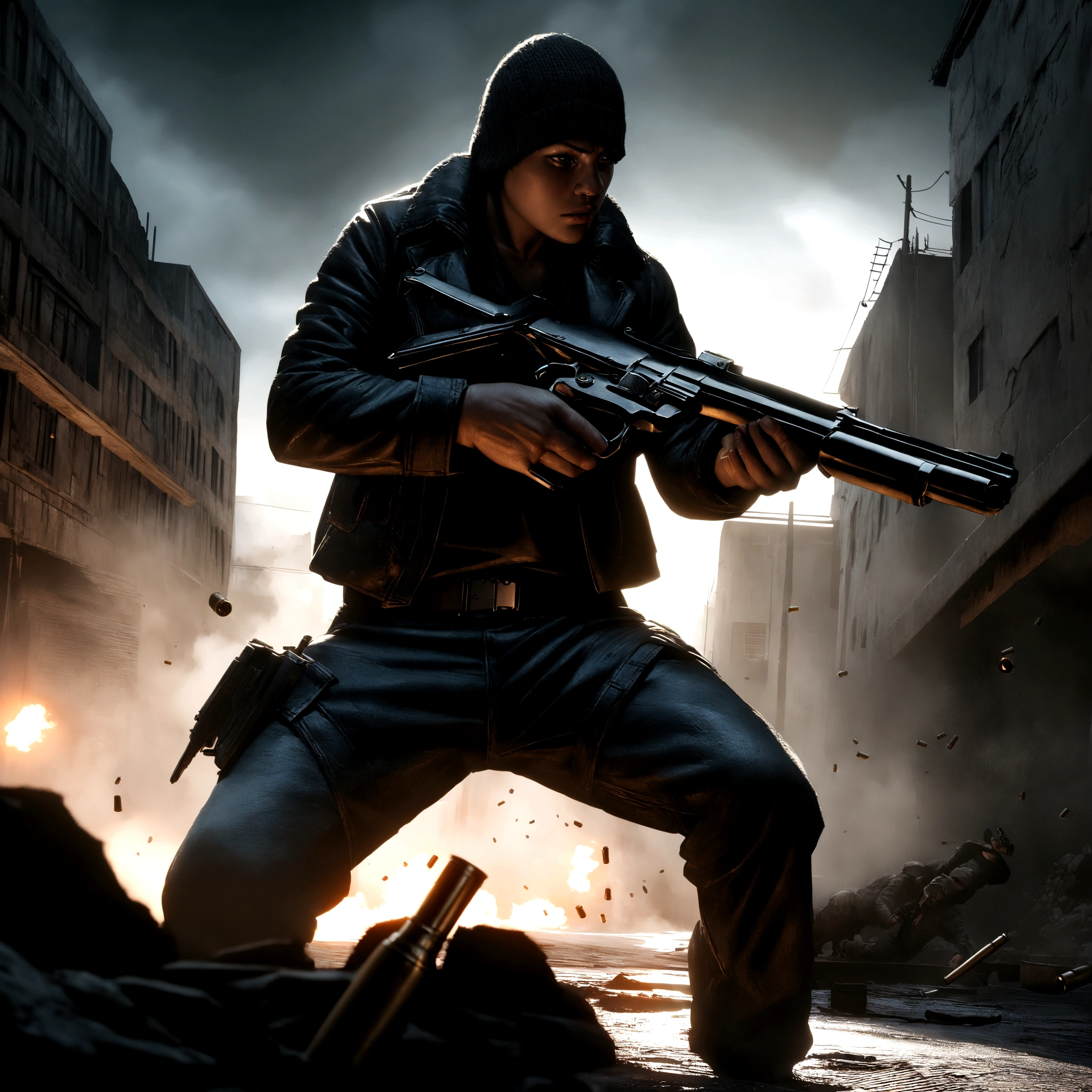 a bandit with a pistol, detailed firearm, bullet cartridges, intense gun battle, gritty urban environment, cinematic action scene, dark and moody atmosphere, dramatic lighting, high contrast, cinematic composition, hyper-detailed, photorealistic, 8k, unreal engine, dark and gritty, moody, dramatic, intense, action, thriller